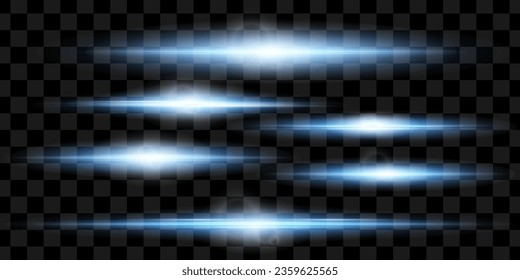 Blue horizontal lens flares pack. Laser beams, horizontal light rays.Beautiful light flares. Glowing streaks on dark background. Collection effect light blue line png.