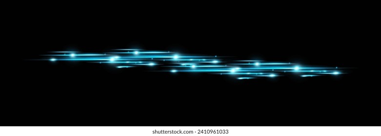 Blue horizontal lens flares pack. Laser beams, horizontal light rays.Beautiful light flares. Glowing streaks on dark background. Luminous abstract sparkling lined background