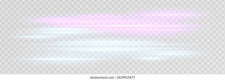 Blue horizontal lens flares pack. Laser beams, horizontal light rays. Beautiful light flares. Glowing streaks on light background. Luminous abstract sparkling lined background