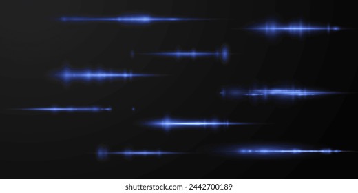Blue horizontal lens flares pack. Laser beams, horizontal light rays.Beautiful light flares. Glowing streaks on dark background. Collection effect light blue line png.