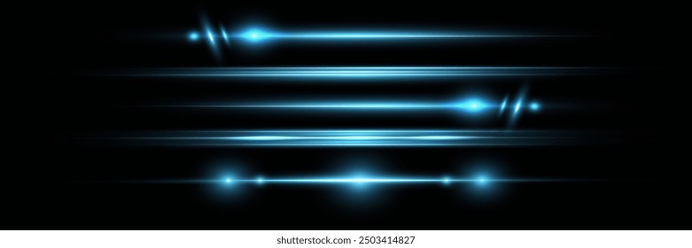 Blue horizontal lens flares pack. Laser beams, horizontal light rays. Beautiful light flares. Glowing streaks on dark background. Luminous abstract sparkling lined background.