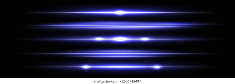Blue horizontal lens flares pack. Laser beams, horizontal light rays.Beautiful light flares. Glowing streaks on dark background. Luminous abstract sparkling lined background