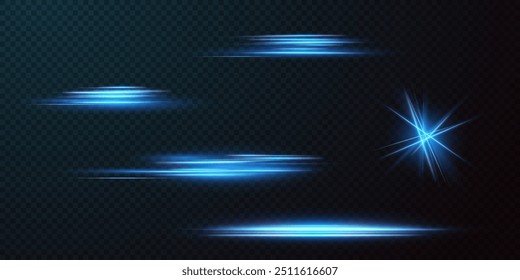 Blue horizontal lens flares pack. Laser beams, horizontal light rays.Beautiful light flares. Glowing streaks on dark background. Collection effect light blue line png.