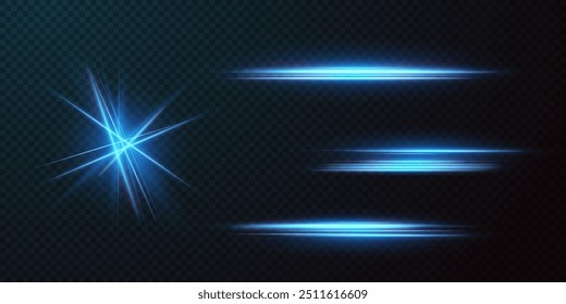 Blue horizontal lens flares pack. Laser beams, horizontal light rays.Beautiful light flares. Glowing streaks on dark background. Collection effect light blue line png.