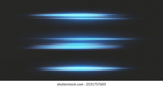 Lente horizontal azul flares pack. Feixes de laser, raios de luz horizontais. Listras brilhantes no plano de fundo escuro. Png de linha azul claro de efeito de coleção.	