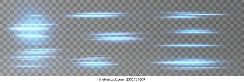 Lente horizontal azul flares pack. Feixes de laser, raios de luz horizontais. Listras brilhantes no plano de fundo escuro. Png de linha azul claro de efeito de coleção.	