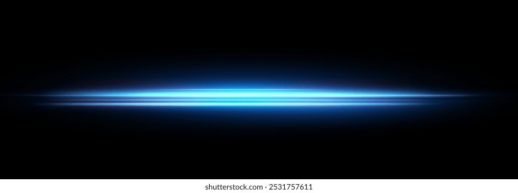 Paquete de destellos de lente Horizontal azul. Rayos láser, rayos de luz Horizontales. Bellos destellos de luz. Rayas brillantes sobre fondo oscuro. Efecto de colección azul claro línea png.	