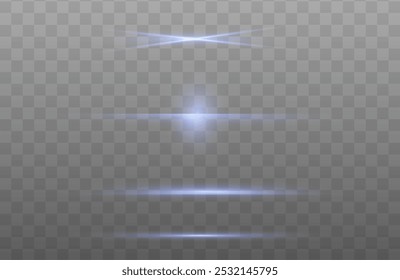 Blue horizontal lens flares pack. Laser beams, horizontal light rays. Beautiful light flares. Glowing streaks on light background. Light line effect neon png. star.