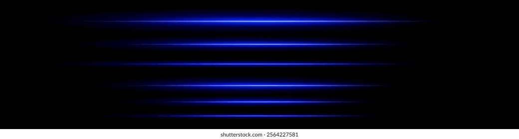 Blue horizontal lens flares pack. Laser beams, horizontal light rays. Beautiful light flares. Glowing streaks on dark background. Luminous abstract sparkling lined background