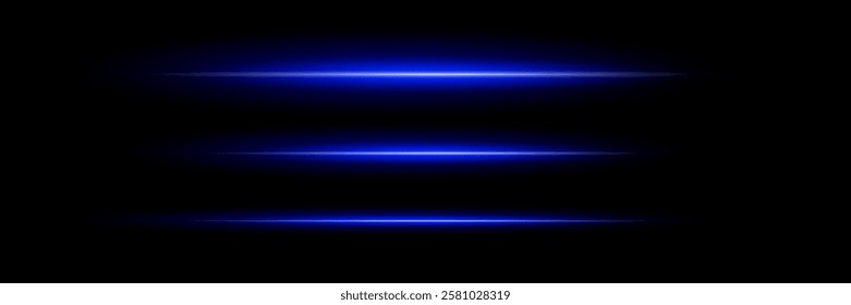 Blue horizontal lens flares pack. Laser beams, horizontal light rays. Beautiful light flares. Glowing streaks on dark background. Luminous abstract sparkling lined background