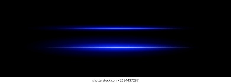 Lente horizontal azul flares pack. Feixes de laser, raios de luz horizontais. Lindo clarões de luz. Listras brilhantes no plano de fundo escuro. Fundo luminoso abstrato brilhante forrado