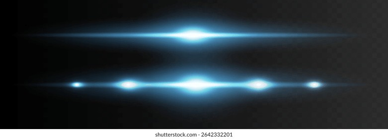 Lente horizontal azul flares pack. Feixes de laser, flares de luz horizontal. Listras brilhantes no plano de fundo escuro. Luminoso abstrato brilhante fundo forrado.