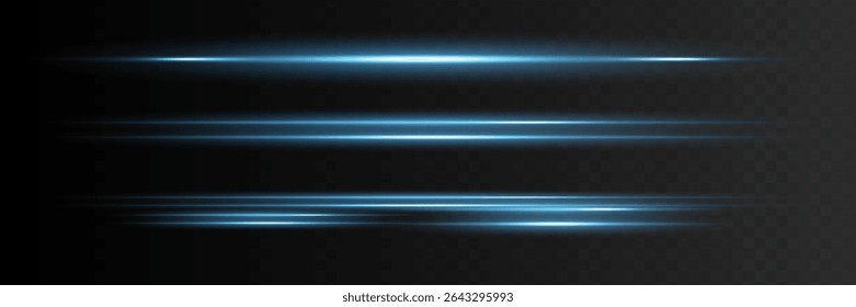 Lente horizontal azul flares pack. Feixes de laser, flares de luz horizontal. Listras brilhantes no plano de fundo escuro. Luminoso abstrato brilhante fundo forrado.