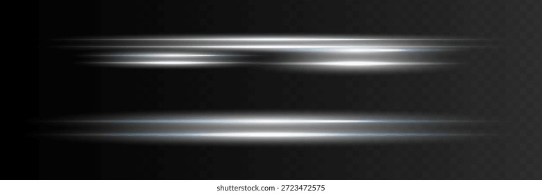 Lente horizontal azul flares pack. Feixes de laser, raios de luz horizontais. Listras brilhantes no plano de fundo escuro. Luminoso abstrato brilhante fundo forrado.