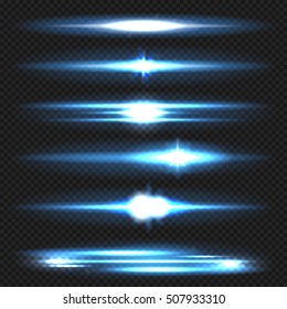 Blue horizontal lens flares pack. Laser beams, horizontal light rays. Vector, isolated, eps 10.