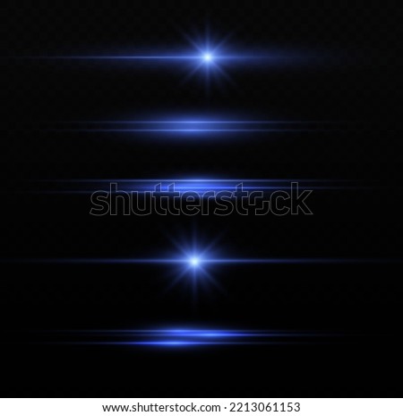 Blue horizontal lens flares pack. Laser beams, horizontal light rays. Beautiful light flares. Flash light with fairy dust sparks and golden stars shine. Dusty shine light.
