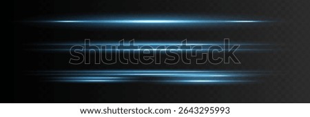 Blue horizontal lens flares pack. Laser beams, horizontal light flares. Glowing streaks on dark background. Luminous abstract sparkling lined background.