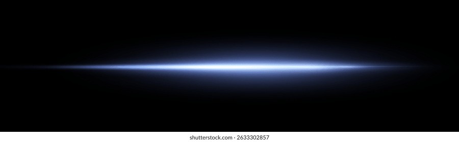 Blue horizontal lensflare. Light flash with rays or blue spotlight and bokeh. Glow flare light effect. Vector illustration. Isolated on black background.