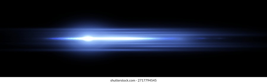 Azul Horizontal lensflare. Flash de luz con rayos o foco azul y bokeh. Efecto de luz de destello brillante. Ilustración vectorial. Aislado sobre fondo negro.