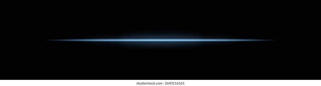 Haz de luz Horizontal azul. Banda láser brillante con brillo suave y bordes desvanecidos sobre fondo oscuro. Perfecto para ciencia ficción, transiciones, destellos futuristas o efectos de luz abstractos.