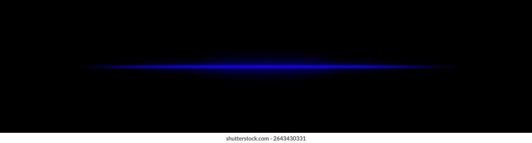 Blue horizontal light beam. Bright laser stripe with soft glow and fading edges on dark background. Perfect for sci-fi, transitions, futuristic flares, or abstract light effects.