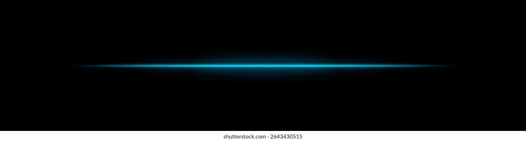 Blaues horizontales Lichtbündel. Heller Laserstreifen mit weichem Glanz und verblassenden Kanten auf dunklem Hintergrund. Perfekt für Science-Fiction, Übergänge, futuristische Fackeln oder abstrakte Lichteffekte.