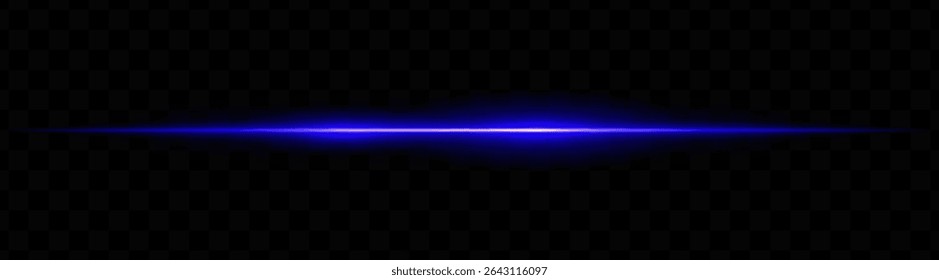 Blue horizontal light beam with dual bright glows and soft blur on transparent background. Futuristic energy stripe ideal for sci-fi visuals, HUDs, or glowing tech overlays.
