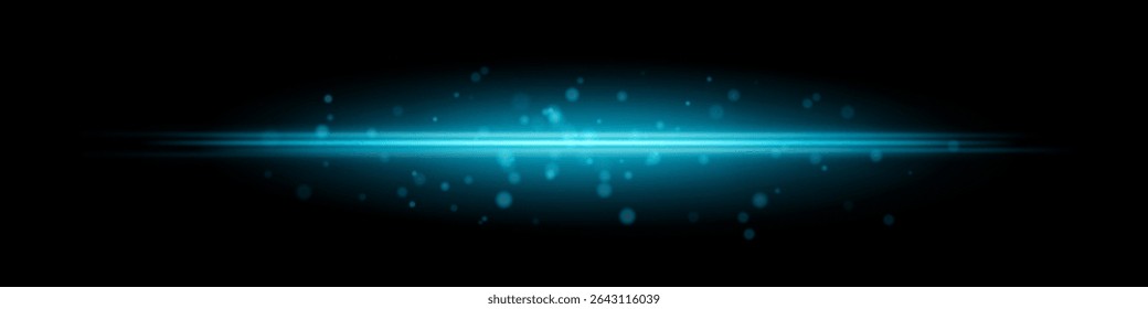 Blue horizontal light beam with glowing dust particles and radiant motion blur on black background. Perfect for fantasy transitions, luxury effects, or magical digital overlays.