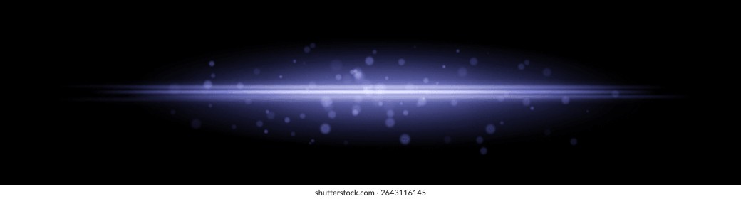 Blue horizontal light beam with glowing dust particles and radiant motion blur on black background. Perfect for fantasy transitions, luxury effects, or magical digital overlays.