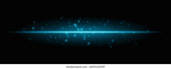 Blue horizontal light beam with glowing dust particles and intense aura on transparent background. Dynamic sci-fi flare ideal for energy effects, laser HUDs, or dramatic transitions.