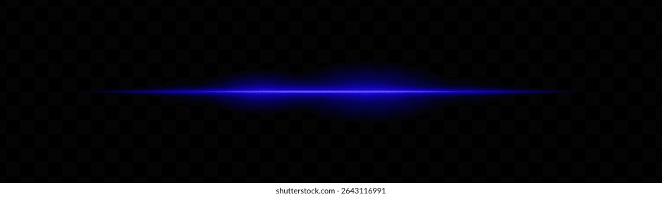 Haz de luz Horizontal azul con núcleo brillante y bordes borrosos suaves sobre fondo transparente. Ideal para transiciones de ciencia ficción, Elementos HUD láser o efectos de brillo futuristas.