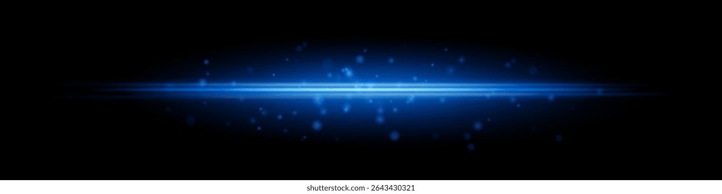 Blue horizontal light beam with glowing dust particles and radiant motion blur on black background. Perfect for fantasy transitions, luxury effects, or magical digital overlays.