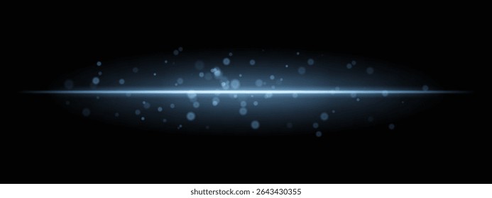 Blue horizontal light beam with glowing dust particles and intense aura on transparent background. Dynamic sci-fi flare ideal for energy effects, laser HUDs, or dramatic transitions.