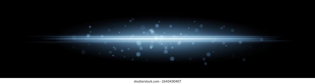 Blue horizontal light beam with glowing dust particles and radiant motion blur on black background. Perfect for fantasy transitions, luxury effects, or magical digital overlays.