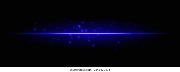 Blue horizontal light beam with glowing dust particles and intense aura on transparent background. Dynamic sci-fi flare ideal for energy effects, laser HUDs, or dramatic transitions.