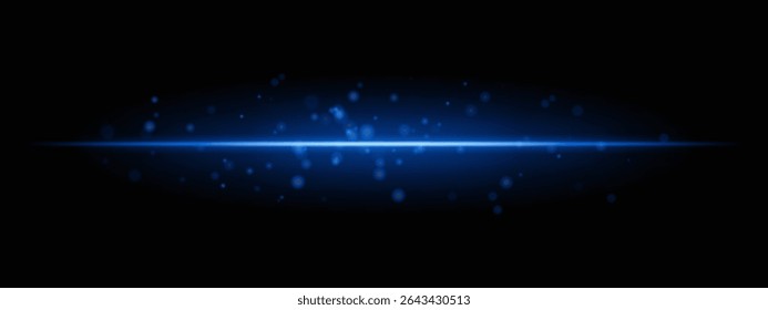 Blue horizontal light beam with glowing dust particles and intense aura on transparent background. Dynamic sci-fi flare ideal for energy effects, laser HUDs, or dramatic transitions.