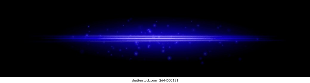 Blue horizontal light beam with glowing dust particles and radiant motion blur on black background. Perfect for fantasy transitions, luxury effects, or magical digital overlays.