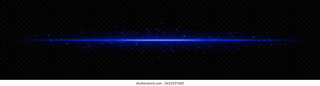 Blue horizontal light beam with scattered particles on dark transparent background. Ideal for magical effects, data transmission, or futuristic transitions.