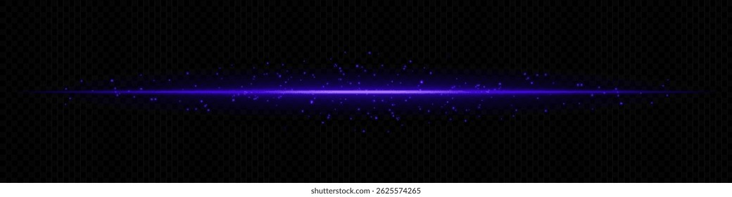 Blue horizontal light beam with scattered particles on dark transparent background. Ideal for magical effects, data transmission, or futuristic transitions.