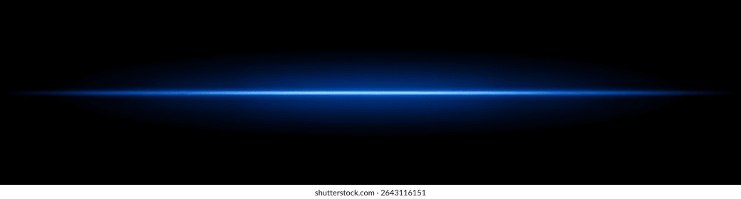 Blue horizontal light beam. Sharp glowing laser line with radiant fade on both sides over dark background. Great for sci-fi, energy visuals, light effects, or futuristic transitions.