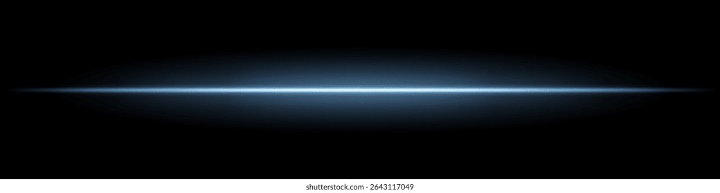 Feixe de luz horizontal azul. Linha laser brilhante afiada com fade radiante em ambos os lados sobre fundo escuro. Ótimo para ficção científica, visuais de energia, efeitos leves ou transições futurísticas.
