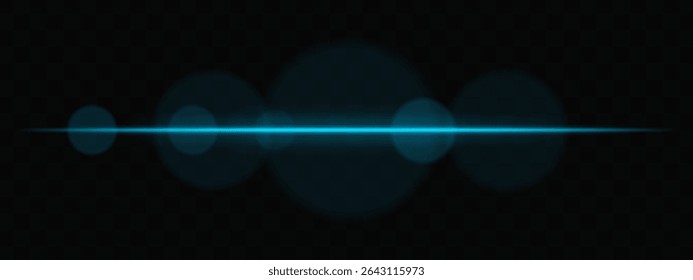 Blue horizontal light beam with soft glare circles on transparent background. Clean cinematic lens flare for sci-fi, tech transitions, or bright glowing UI overlays.