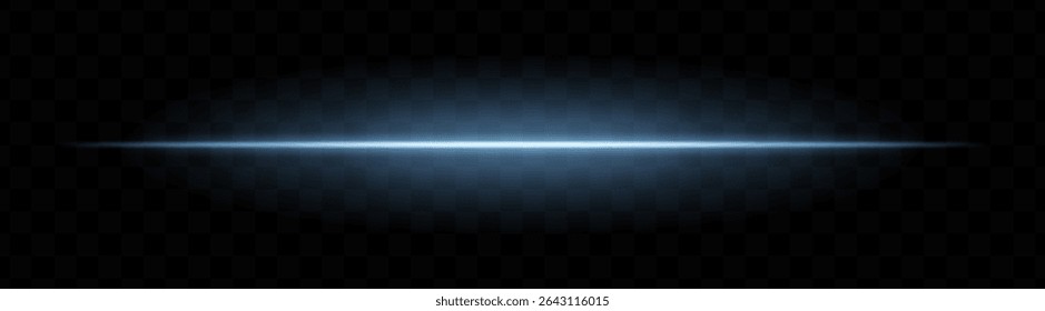 Blue horizontal light beam with soft glow and vibrant aura on transparent background. Futuristic laser stripe ideal for energy effects, sci-fi transitions, or glowing overlays.
