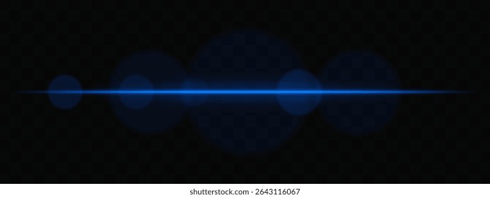Blue horizontal light beam with soft glare circles on transparent background. Clean cinematic lens flare for sci-fi, tech transitions, or bright glowing UI overlays.