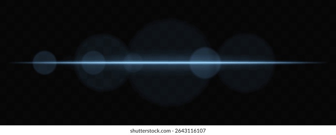 Blue horizontal light beam with soft glare circles on transparent background. Clean cinematic lens flare for sci-fi, tech transitions, or bright glowing UI overlays.