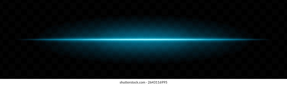 Blue horizontal light beam with soft glow and vibrant aura on transparent background. Futuristic laser stripe ideal for energy effects, sci-fi transitions, or glowing overlays.