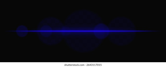 Feixe de luz horizontal azul com círculos suaves no fundo transparente. Exacerbação de lentes cinematográficas limpas para ficção científica, transições tecnológicas ou sobreposições brilhantes de interface do usuário com brilho.