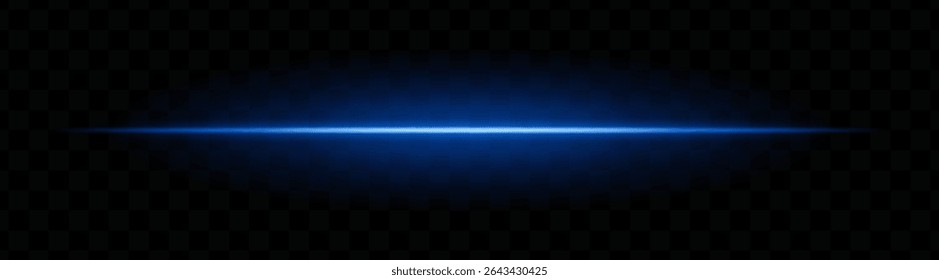 Blue horizontal light beam with soft glow and vibrant aura on transparent background. Futuristic laser stripe ideal for energy effects, sci-fi transitions, or glowing overlays.