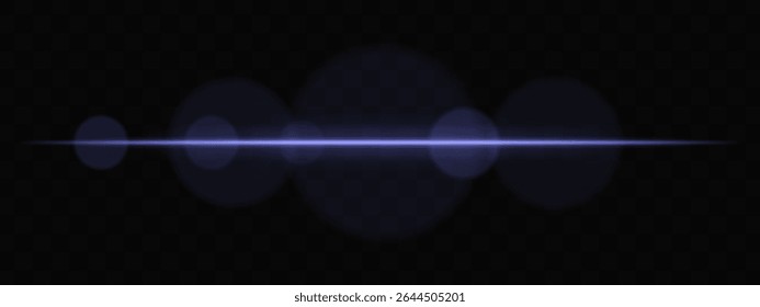 Blue horizontal light beam with soft glare circles on transparent background. Clean cinematic lens flare for sci-fi, tech transitions, or bright glowing UI overlays.