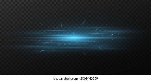 Blauer horizontaler Lichteffekt auf dunkeltransparentem Hintergrund. Scham mit Funken. Helle Strahlen mit leuchtendem Staub. Optische Brille. Vektorgrafik. EPS10